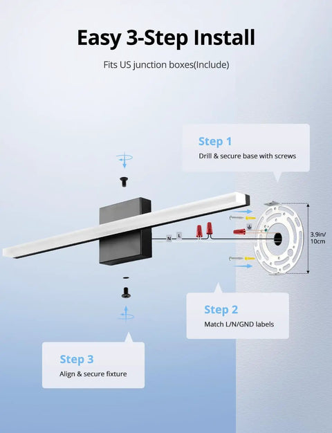 Installation guide for 24 Inch Black Vanity Light For Bathroom Mirror LED Wall Bar Fixture 14W 1250LM Cool White 6000K.