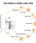 Heavy Duty Adhesive Hooks Set 12 Pack Transparent Wall Hooks For Bathroom And Kitchen, dimensions and features diagram