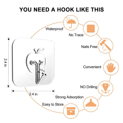 Heavy Duty Adhesive Hooks Set 12 Pack Transparent Wall Hooks For Bathroom And Kitchen, dimensions and features diagram