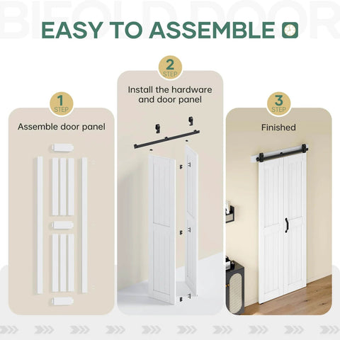 36 Inch By 84 Inch Bifold Barn Door System With Hardware Kit Included For Two Doors Bi Fold Sliding Closet Doors 40 Inch Track Kit Waterproof Construction Pre Drilled Holes For Easy Assembly White Finish Space Saving No Fuss Setup Modern Home Upgrade installation steps