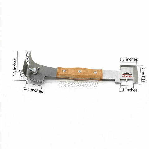 Multifunction Hive Scraper Tool With Wooden Handle for Beekeeping, stainless steel frame cleaner with measurements visible
