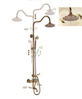 Antique Brass Exposed Shower System with Tub Spout 90° Rotating, showcasing showerheads with adjustable angles and elegant design.