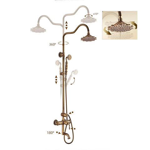 Antique Brass Exposed Shower System with Tub Spout 90° Rotating, showcasing showerheads with adjustable angles and elegant design.