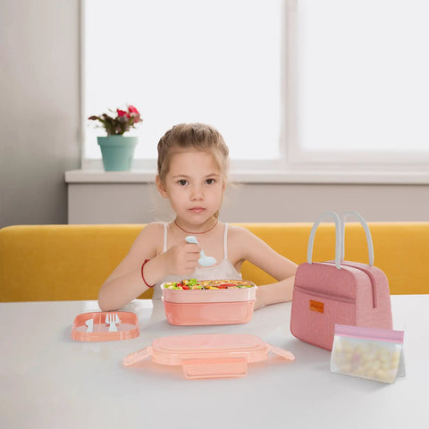Child using Three Stackable Bento Lunch Box Set With Leak Proof BPA Free Containers Includes Lunch Bag And Built In Utensils Dishwasher Safe Lid Excluded Great For Meal Prep Grab And Go Ready Adults And Kids Pink