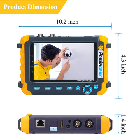 Portable 5 Inch CCTV Monitor And Camera Tester On The Go 4 In 1 8MP AHD TVI CVI CVBS 1080P Coaxial HD Video Tester with dimensions shown
