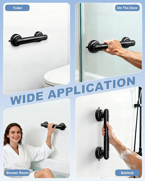 Upgraded No Drill Suction Shower Grab Bar With Solid Grip, Bathroom Safety Handrail In Matte Black on shower wall.