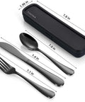 Grab And Go 4 Piece Stainless Steel Travel Utensils Set With Reinforced Buckle Case, Portable Cutlery, Fork Knife Spoon, Black