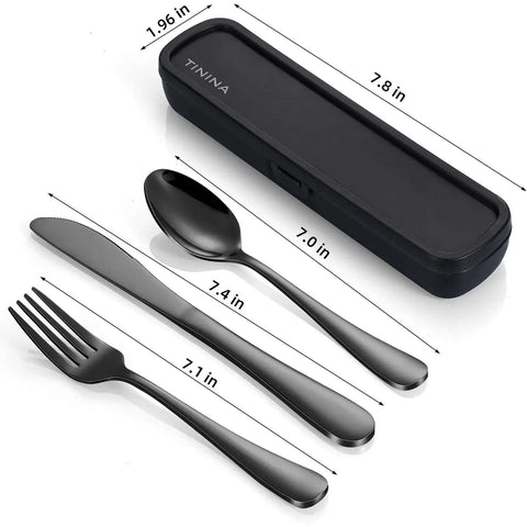 Grab And Go 4 Piece Stainless Steel Travel Utensils Set With Reinforced Buckle Case, Portable Cutlery, Fork Knife Spoon, Black