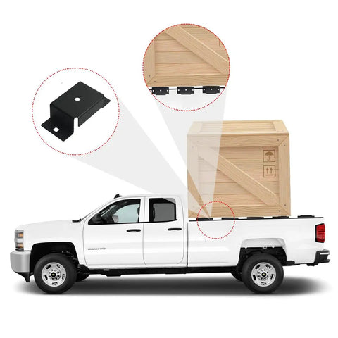 Tough As Nails Stake Pocket Brackets Plug Into Flatbed Trailer Tie Down Anchors And 8 Pack Of Solid Steel Hardware, shown with wooden crate.