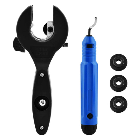 Ratcheting Tubing Cutter For Copper And Pex Pipes With 360 Degree Cut Adjustable From Five Sixteenths To One And One Eighth Inch Includes Deburring Tool And Four Bearing Blades Compact Handheld Plumbing Tool For Tight Spaces