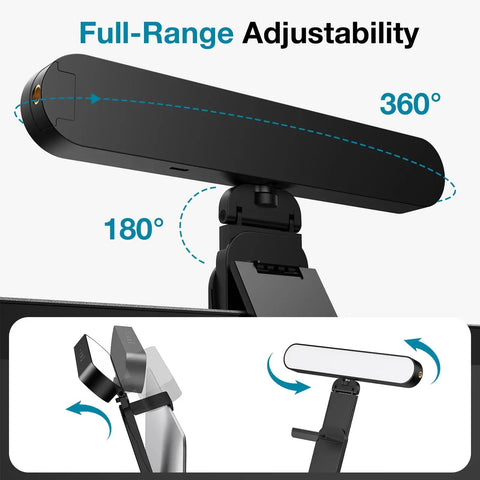 Video Conference Light On Camera Desk LED with 360 and 180-degree adjustability, USB powered for webcams.