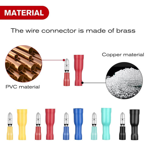 DIY Friendly 200Pcs Bullet Terminals Wire Connectors Kit For Automotive And Marine Wiring AWG 22 To 14 Female And Male Insulated Waterproof Brass Quick Connects No Soldering Required shown with various colors and materials.