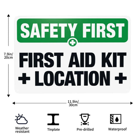First Aid Kit Location Warning Sign 8x12 Metal Marker Plaque For Factory Construction Workshop Warehouse Garage Entry