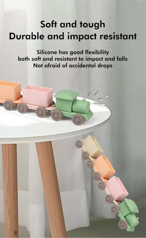 Game Changing BPA Free Silicone Toy Train For The Kiddos Push And Pull Stacking Blocks in soft colors on a table edge.