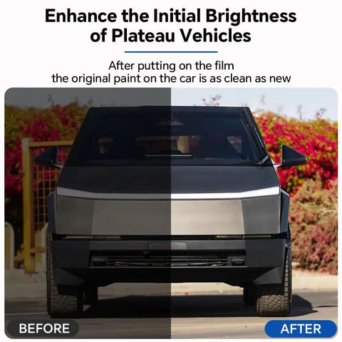 Premium 8.5 Mil TPU Paint Protection Film Precut Rear Bumper Guard For Tesla Cybertruck 2025 And 2026 shown before and after application.