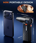 High Power 160,000 RPM Electric Air Duster Blower shown next to smartphone for size comparison, highlighting portability at 0.65lb.