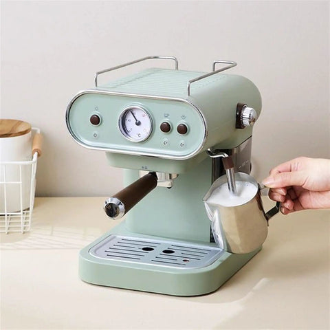 Retro Style Electric Coffee Maker Semi Automatic Espresso Machine With Steam Milk Frother And Glass Carafe Light Green American Plug close-up of steam wand and frothing pitcher