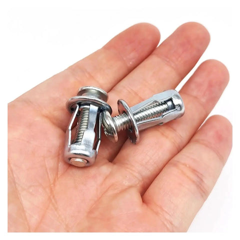 Expansion Rivet Jack Nut Kit For Hollow Walls And Drywall 35 Piece Set In M4 M5 And M6 Heavy Duty DIY Friendly Carbon Steel Construction With Petal Anchors That Expand Behind Walls For Strong Reliable Fastening And Woodworking Projects, two metal anchors in hand