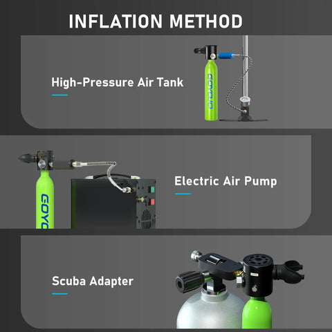 Inflation methods for Portable 0.5L Mini Scuba Tank Kit With Dual Tanks And Pump, 3000 PSI Max, Reusable Diving Gear, Green