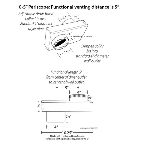 Diagrams showing dimensions of Saf-T-Duct Zero Dryer Vent Periscope For Tight Spaces, Adjustable Zero To Five Inch Length, Aluminum Construction.