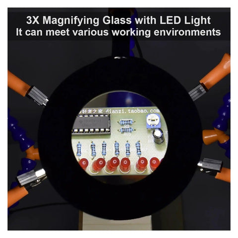 Five Arm Welding Repair Tool Soldering Station with 3X Magnifier LED Light zooming on PCB components with gooseneck arms