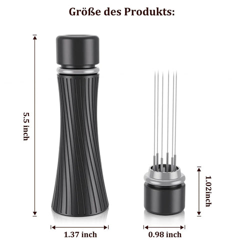 Espresso Distribution Tool With Six Plus Six Needle Set 0.4mm Espresso Stirrer Aluminum Handle shown with measurements
