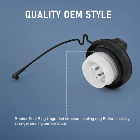 Gas Cap Replacement 77300-06040 fits Toyota Scion and Lexus, showing rubber seal ring and quality OEM style on blue background