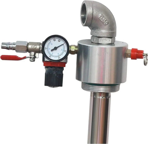 Heavy Duty Stainless Steel Pneumatic Oil Transfer Pump. Air Operated Barrel Pump With Pressure Gauge And Safety Valve. Perfect For Diesel, Solvent, And Lubricant Pumping Injection Tasks In Industrial Settings. Reliable Performance.