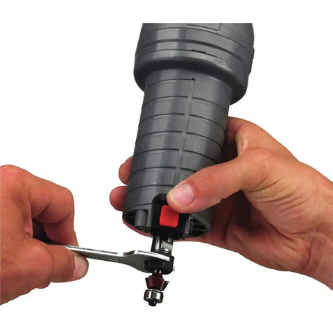 Hands using wrench on Corded Router With 4.5 Amp Motor And 31,000 RPM, Quarter Inch Laminate Trim, Spindle Lock for bit change