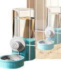 Cage Hanging Pet Bowl Gravity Water Dispenser For Dogs Cats Rabbits Kick Resistant Double Feeder Crate Kennel Food Bowls No Sweat Cleanup Top Shelf Hydration Spot Blue attached to crate with water.