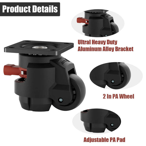 Set of 4 Heavy Duty Leveling Casters with Rock Solid Nylon Wheels and Thickened Steel Base Delivering Badass 3300 Lbs Total Load Capacity Height Adjustability for Workbenches Machinery and Heavy Furniture Rigid Support, showcasing aluminum alloy bracket and 2-inch PA wheel.