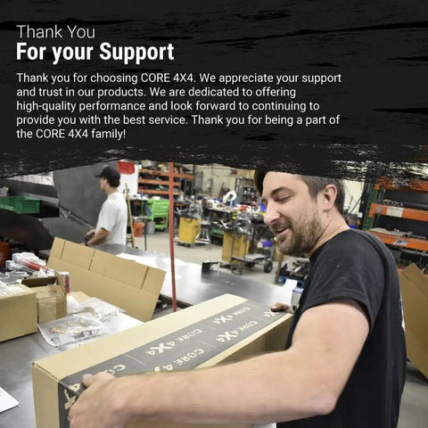 Thank You For your Support message with CORE 4X4 worker packing a Rear Heavy Duty Panhard Track Bar Compatible With Ram 2500 2014 2024 Upgrade For Stable Axle Alignment Tow Haul Off Road Performance Under Heavy Loads Durable Suspension Improve Handling And Vehicle Control