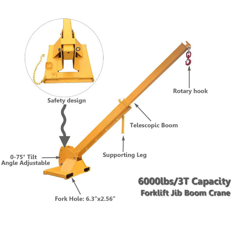 Forklift Jib Boom Crane With Adjustable Tilt 6600 Lbs Capacity showing safety design, adjustable tilt, and telescopic boom.
