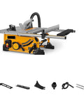 Rock Solid 8 Inch Portable Table Saw With Dust Free Extension And Tough Steel Roll Cage For Crisp Cuts and Nailing Diy Woodworking Projects Right Inside The Home Garage Today with accessories displayed.