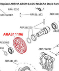 Diagram showing replacement part ARA311196 for ARRMA GROM & LOSI NASCAR, highlighting Chrome Steel 0.5M 49T Spur Gear for RC trucks.