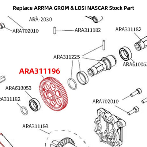 Diagram showing replacement part ARA311196 for ARRMA GROM & LOSI NASCAR, highlighting Chrome Steel 0.5M 49T Spur Gear for RC trucks.