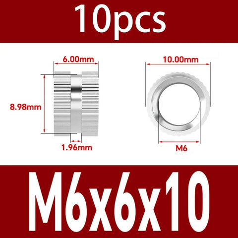 Diagram of M6 Knurled Stainless Steel Insert Nuts for Injection Molding, dimensioned with high torque and pullout resistance.
