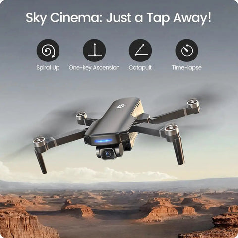 HS360S Foldable GPS Drone With 4K UHD Camera flying over desert landscape, showcasing portability and 4K UHD camera quality.