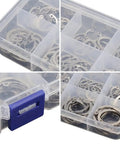 Heavy Duty E-Type Snap Ring Set Made From Super Strong 65Mn Manganese Alloy Steel in a storage box for mechanical assembly tasks.