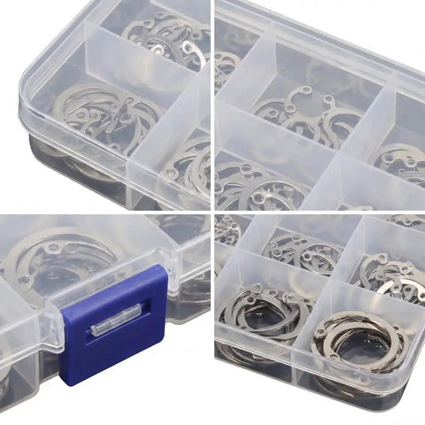 Heavy Duty E-Type Snap Ring Set Made From Super Strong 65Mn Manganese Alloy Steel in a storage box for mechanical assembly tasks.