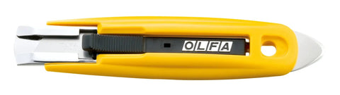 Self Retracting Safety Knife Semi Auto Utility Cutter For Tape And Cardboard Razor Sharp Blade With Spring Return Ultra Safe Box Opening Tool For DIY And Industrial Packaging, yellow ABS handle, closed blade