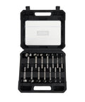 Workhorse 14 Piece Forstner Bit Set Crafted From Heavy Duty High Speed Steel With Black Phosphate Finish, displayed in a case.
