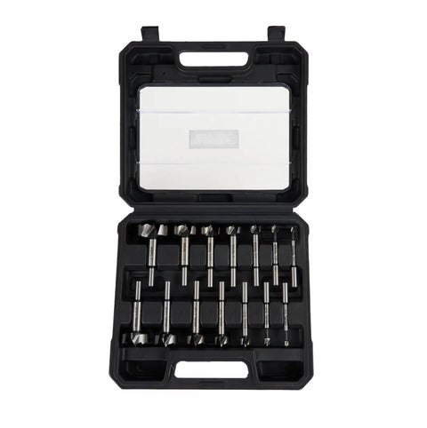 Workhorse 14 Piece Forstner Bit Set Crafted From Heavy Duty High Speed Steel With Black Phosphate Finish, displayed in a case.