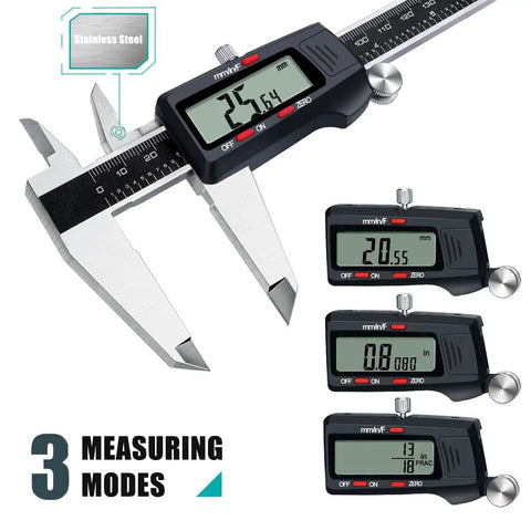 8 Inch Digital Caliper with stainless steel body and large LCD screen, showing inch, millimeter, and fraction modes for precise measurements