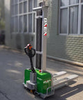 All Electric Dump Forklift Pallet Stacker with Portable Lifting Truck and Fixed Cross Leg Design, 2204 lbs capacity.