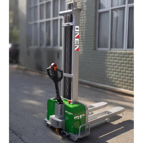All Electric Dump Forklift Pallet Stacker with Portable Lifting Truck and Fixed Cross Leg Design, 2204 lbs capacity.