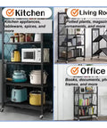 4 Tier Foldable Metal Storage Rack With Lockable Wheels for kitchen, living room, and office use, showcasing stored items.