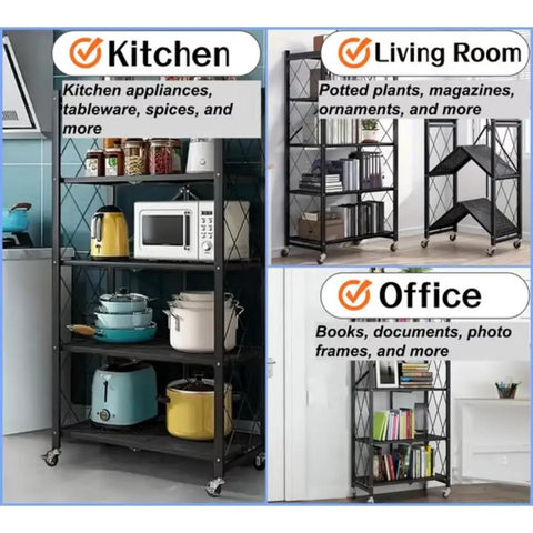 4 Tier Foldable Metal Storage Rack With Lockable Wheels for kitchen, living room, and office use, showcasing stored items.