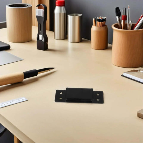 Concealed Hidden Interior Door Hinge Black 5 Inch Adjustable Heavy Duty Invisible Bookcase Hinge on a desk workspace