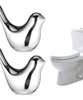 Two Ceramic Bird Toilet Bolt Covers Set, Cute Bird Screw Caps For Bathroom Decor in silver finish next to toilet